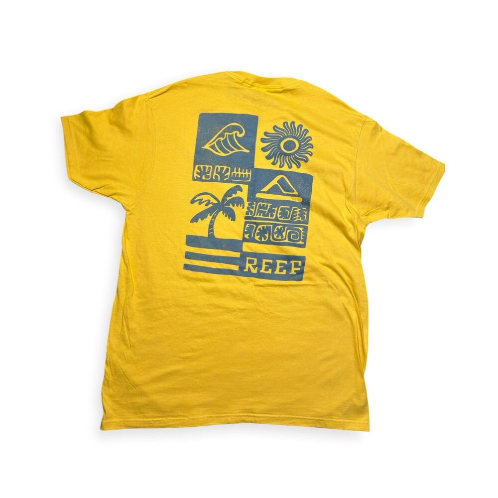 Reef Yellow Graphic Tee Shirt Size Large Summer Surf Beach Wear Y2K